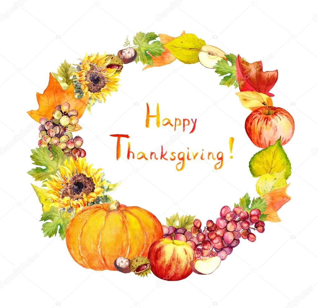 Thanksgiving wreath. Fruits, vegetables - pumpkin, apples, grape, leaves. Watercolor