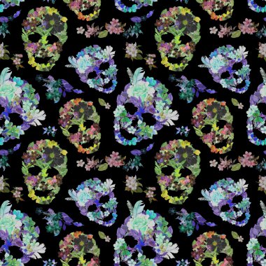 Çiçek kafatasları Dia de los Muertos için. Suluboya