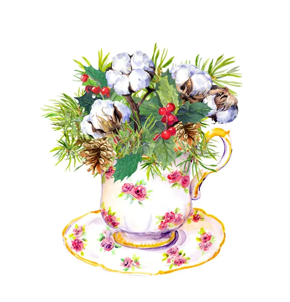 Christmas tea cup - fir tree, mistletoe, cotton. Watercolor — Stock Photo, Image