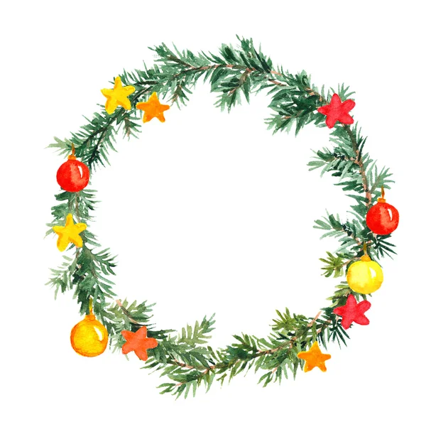 Corona de árbol de Navidad con adornos y estrellas. Acuarela — Foto de Stock