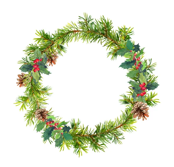 Στεφάνι χριστουγεννιάτικο δέντρο - κλαδιά της ερυθρελάτης, κώνους, γκι. Ακουαρέλα — Φωτογραφία Αρχείου