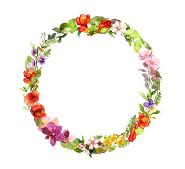 Çiçek çelenk. Yaz çayır çiçekler, kelebekler. Suluboya