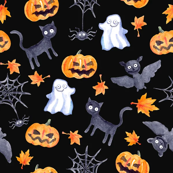 할로윈 완벽 한 패턴-호박, 박쥐, 유령, 검은 고양이. 수채화 — 스톡 사진