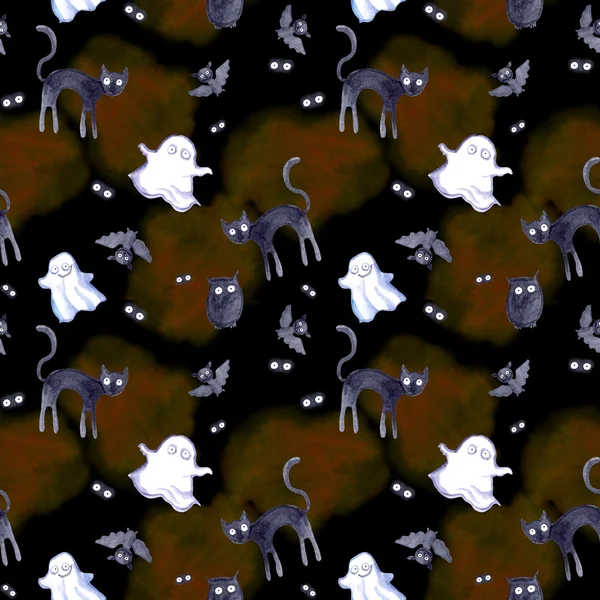 Halloween seamless pattern - pumpkin, bat, ghost, cat. Cute watercolor — Stock Photo, Image