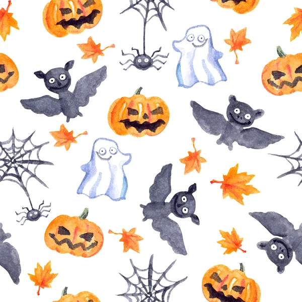 할로윈 완벽 한 패턴-호박, 박쥐, 유령, 거미입니다. 귀여운 수채화 — 스톡 사진