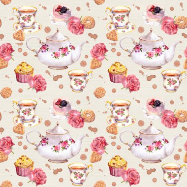 Çay potu, Kupası, kek ve çiçekler. Yinelenen desen. Suluboya
