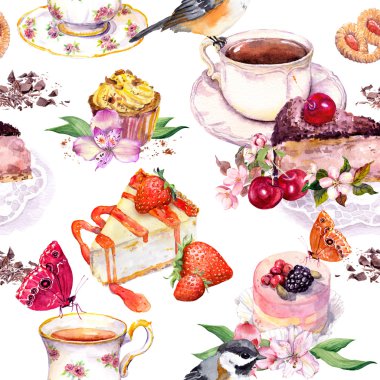 Çay desen - çiçekler, çay fincanı, kek, kuş. Gıda suluboya. Sorunsuz arka plan