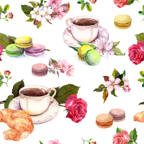 Te, kaffe mönster - blommor, croissant, tekopp, macaroon kakor. Akvarell. Sömlös — Stockfoto
