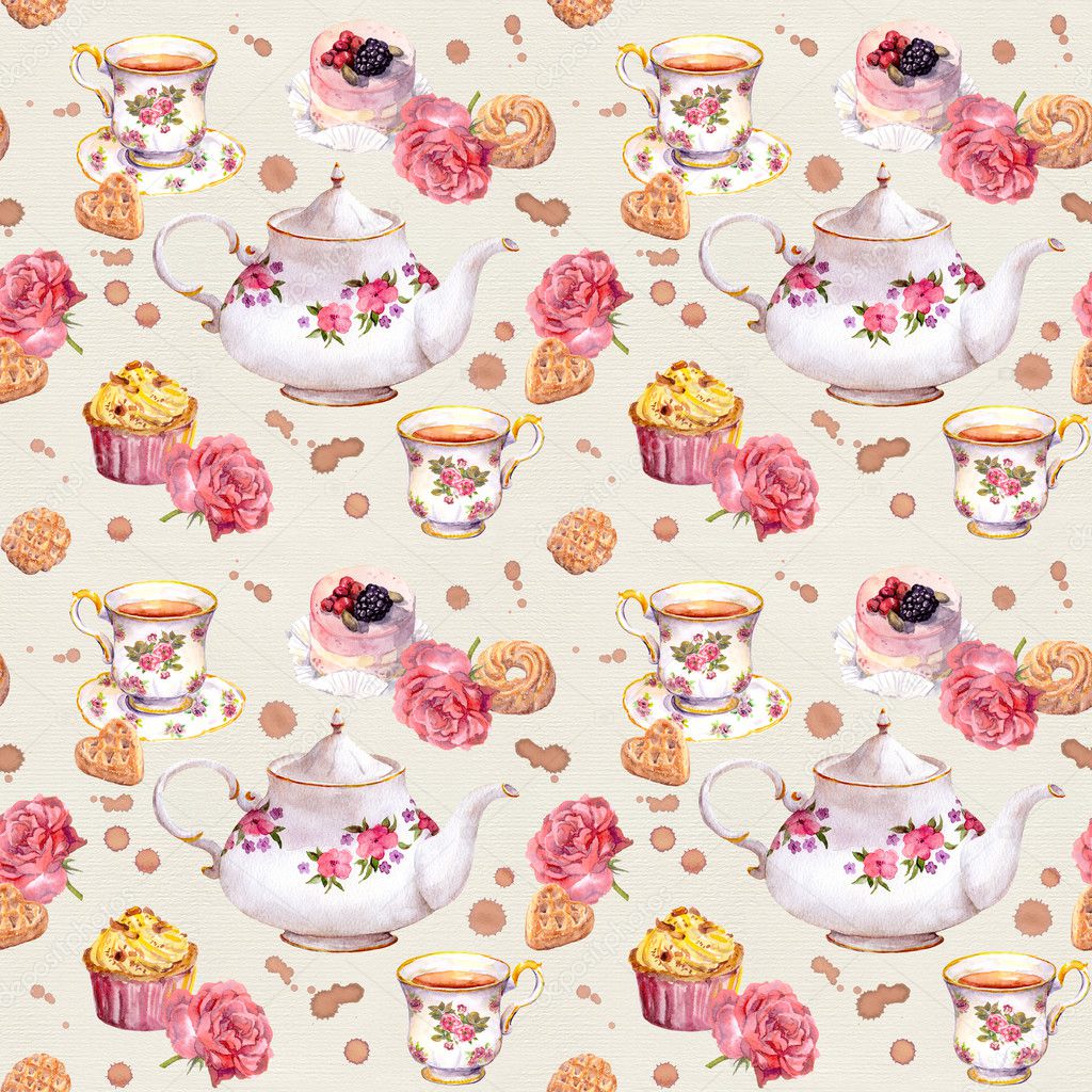 Tea pot,  cup, cakes and flowers. Repeating  pattern. Watercolour