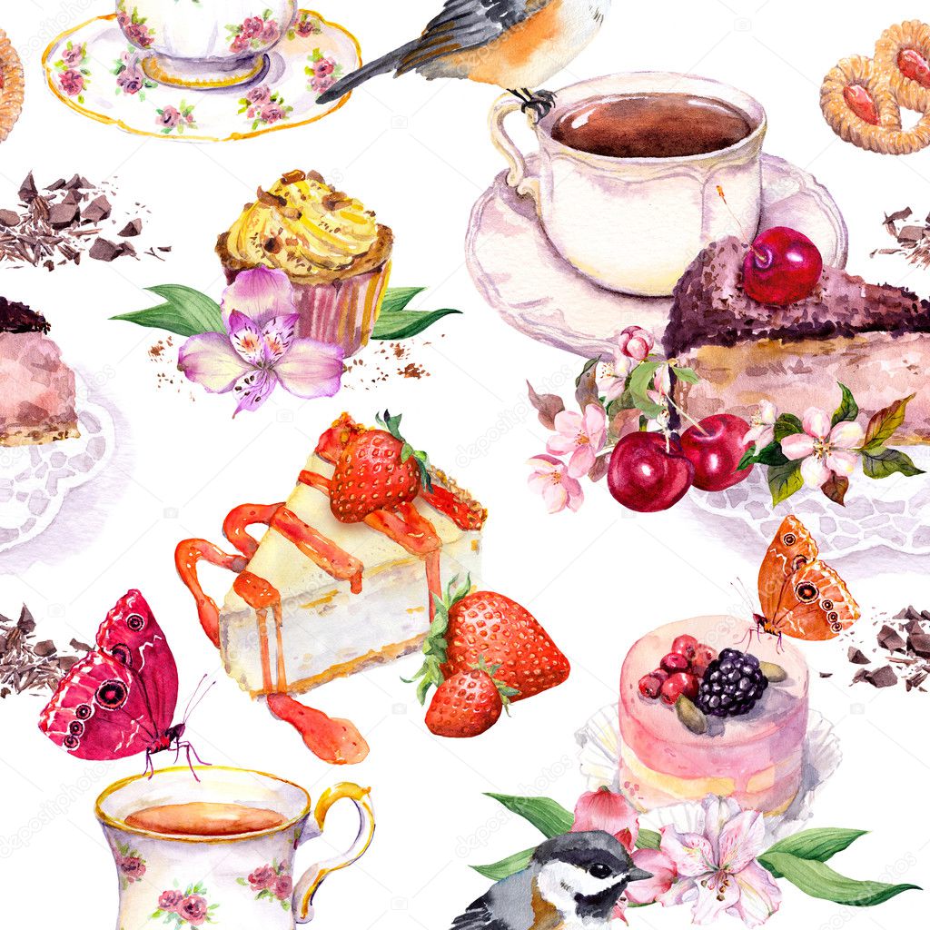 Tea pattern - flowers, teacup, cakes, bird. Food watercolor. Seamless background