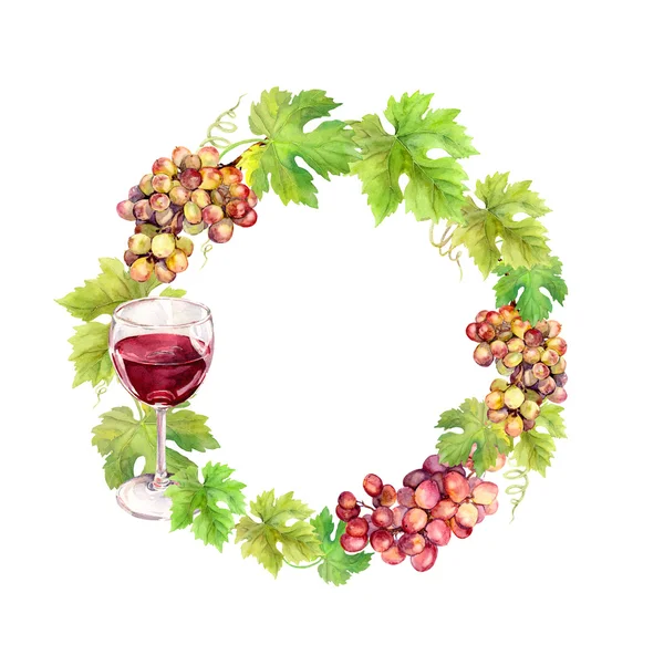 Krans gränsen med grape, vinglas och blad. Akvarell cirkel ram — Stockfoto