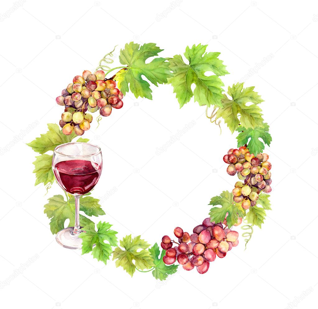 Wreath border with grape, wine glass and  leaves. Watercolor circle frame
