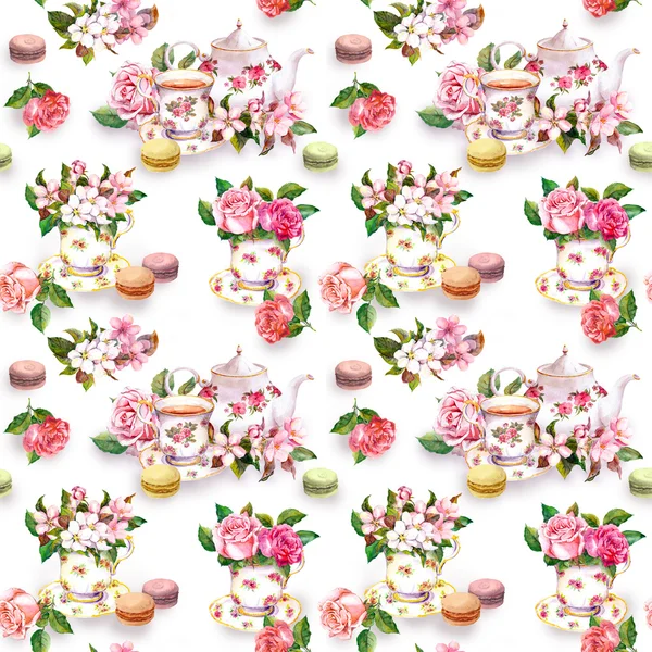 Blumen, Teetasse, Kuchen, Makronen, Topf. Aquarell. nahtloser Hintergrund — Stockfoto