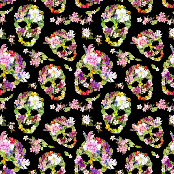 Calaveras florales con flores. Patrón sin costuras. Acuarela —  Fotos de Stock