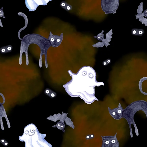 Halloween seamless pattern - bat, ghost, cat, eyes. Cute watercolor — Stock Photo, Image