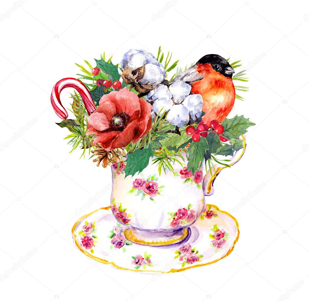 Christmas tea cup - bird, fir tree, mistletoe. Teatime watercolor