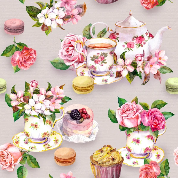 Flowers, tea cup, cakes, macaroons, pot. Watercolor. Seamless background — Stock Photo, Image