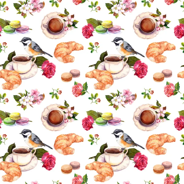 Tea, coffee pattern - flowers, croissant, macaroon, bird. Watercolor. Seamless