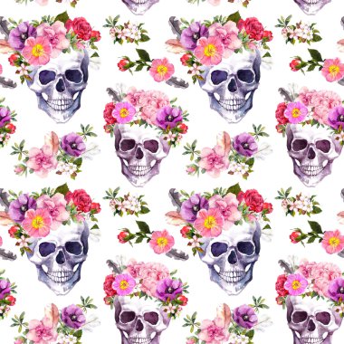 İnsan kafatasları, çiçekler. Seamless modeli. Suluboya