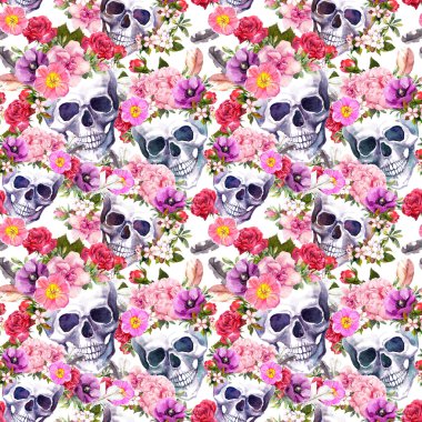 İnsan kafatasları, çiçekler. Seamless modeli. Suluboya