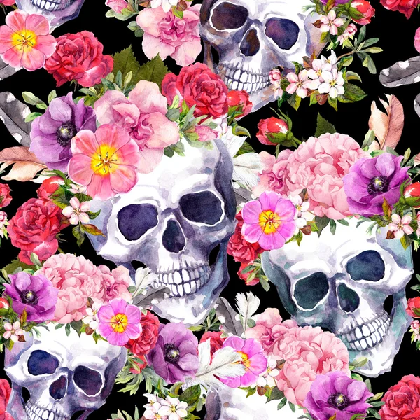 Ludzkie czaszki, kwiaty. Jednolity wzór. Akwarela — Zdjęcie stockowe