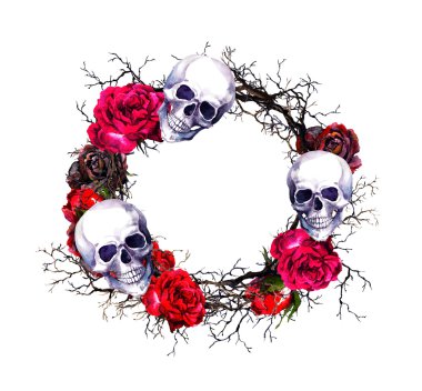 Çelenk - kafatasları, kırmızı gül, dalları. Suluboya Cadılar Bayramı grunge kenarlık