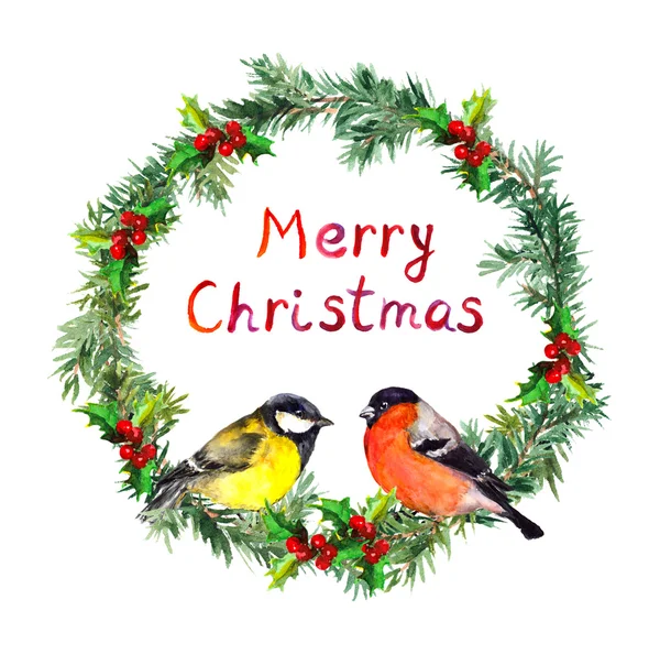 Nový rok věnec - smrk, bullfinch a sýkorka pták. Akvarel — Stock fotografie