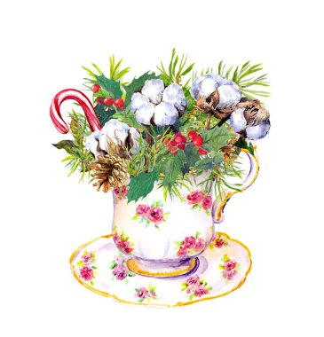 Noel çay Kupası - köknar ağacı, ökse otu, pamuk. Vintage suluboya