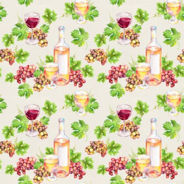 Yinelenen desen. Şarap cam, şişe, asma yaprağı, üzüm çilek. Suluboya.