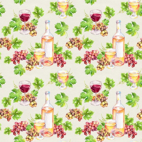 Yinelenen desen. Şarap cam, şişe, asma yaprağı, üzüm çilek. Suluboya.