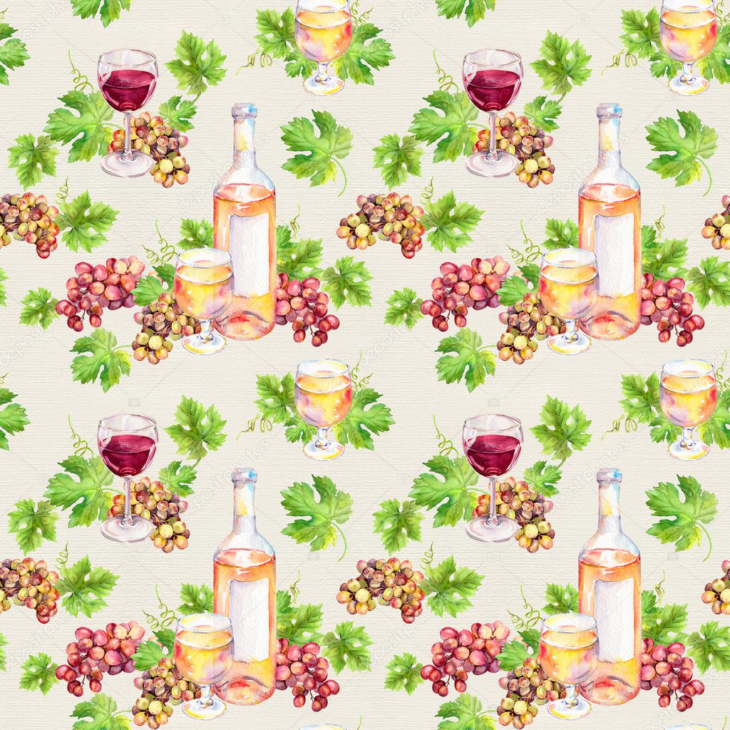 Repeated pattern. Wine glass, bottle, vine leaves, grape berries. Watercolor.
