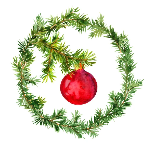 Red bauble in christmas wreath with fir tree branches. Watercolor — Stock Photo, Image