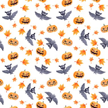Cadılar Bayramı seamless modeli - kabak ve yarasa. Şirin saf suluboya