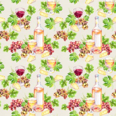 Şarap cam, şişe, peynir, yaprakları, üzüm. Sorunsuz arka plan. Suluboya