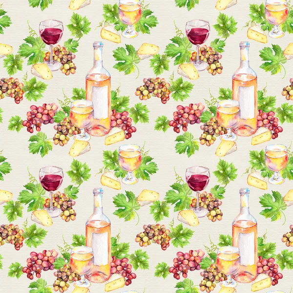 Wine glass, bottle, cheese, leaves, grape. Seamless background. Watercolor — Stockfoto