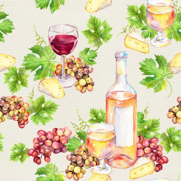 Copa de vino, botella, queso, hojas, uva. Fondo sin fisuras. Acuarela — Foto de Stock