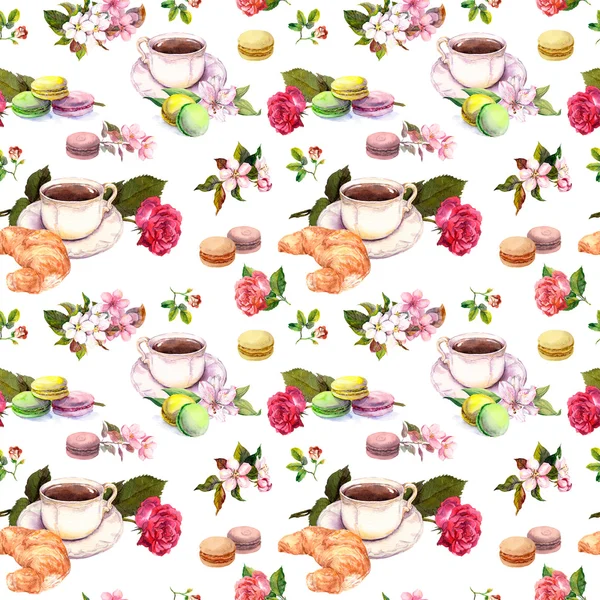 Tea, coffee pattern - flowers, croissant, teacup, macaroon cakes. Watercolor. Seamless