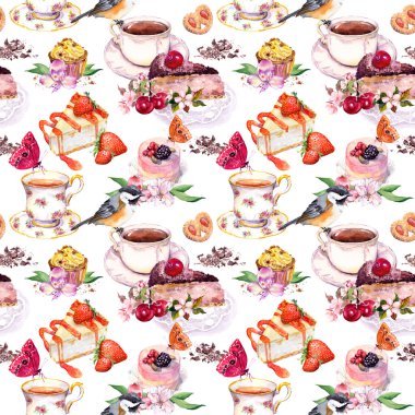 Çay desen - çiçekler, çay fincanı, kek, kuş. Gıda suluboya. Sorunsuz arka plan