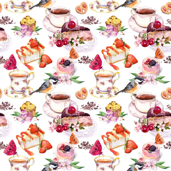 Teemuster - Blumen, Teetasse, Kuchen, Vogel. Lebensmittel-Aquarell. nahtloser Hintergrund — Stockfoto