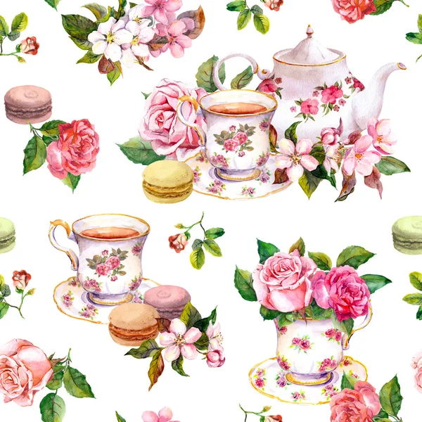 Fiori, tazza di tè, torte, macaron, pentola. Acquerello. Sfondo senza cuciture — Foto Stock