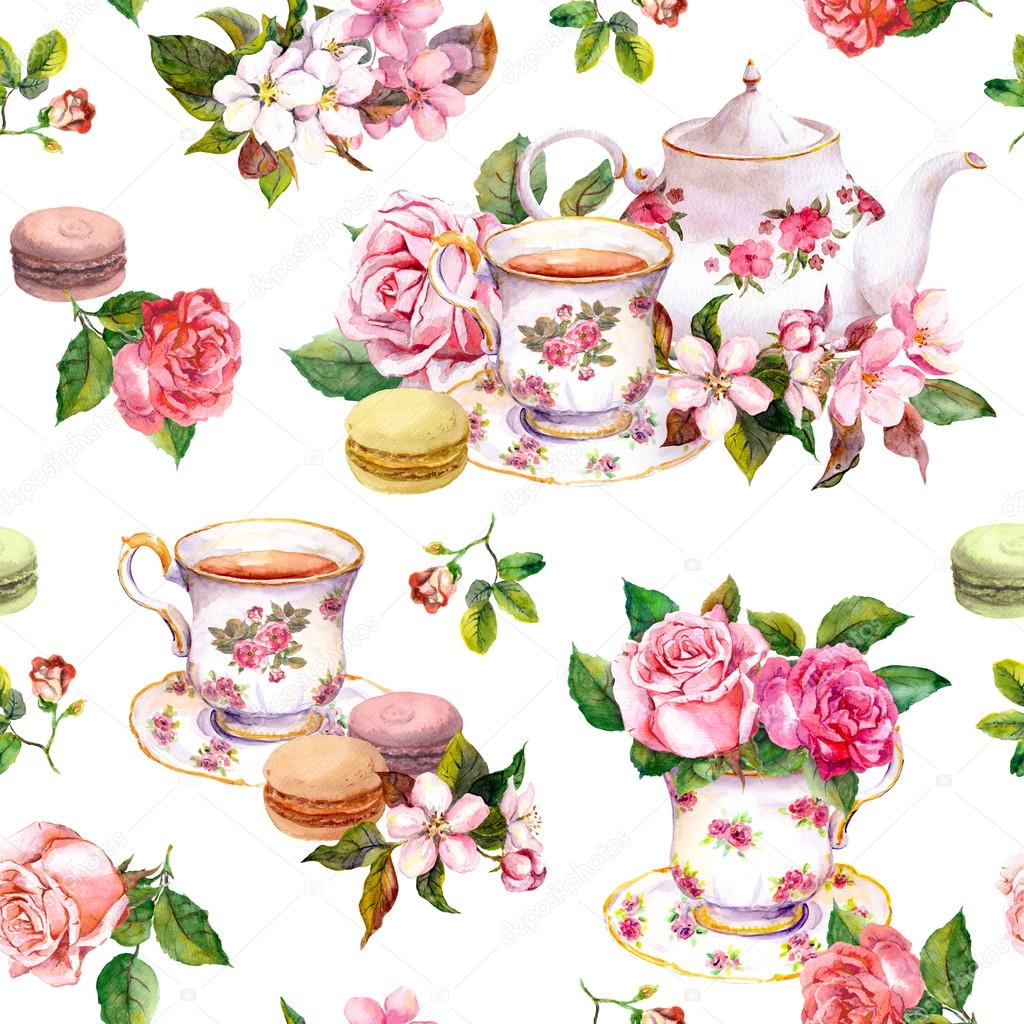 Flowers, tea cup, cakes, macaroons, pot. Watercolor. Seamless background