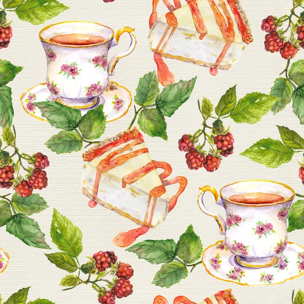 Бесшовные обои акварелью - чашка чая, сырный торт, малина ягоды — стоковое фото