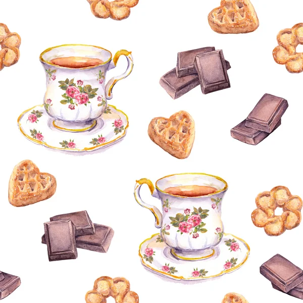 Patrón de té sin costuras con taza de té, chocolate y galletas. Acuarela — Foto de Stock