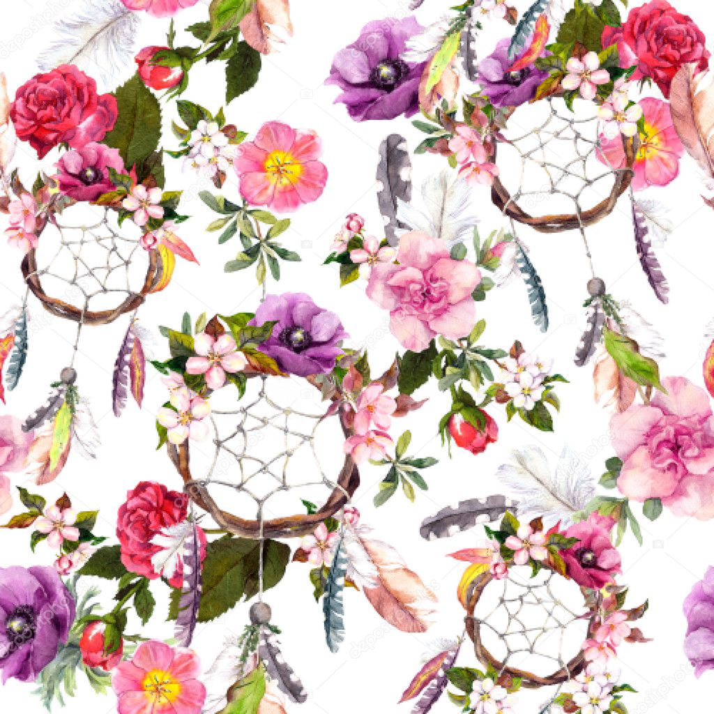 Dream catcher, flowers, feathers. Seamless pattern. Watercolor