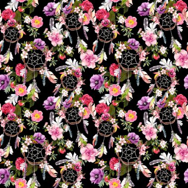 Rüya yakalayıcı, çiçekler, tüyler. Seamless modeli. Suluboya