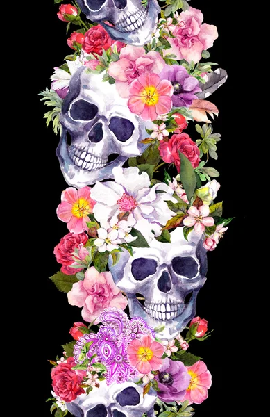 Menselijke schedels met bloemen. Naadloze grens. Aquarel frame — Stockfoto