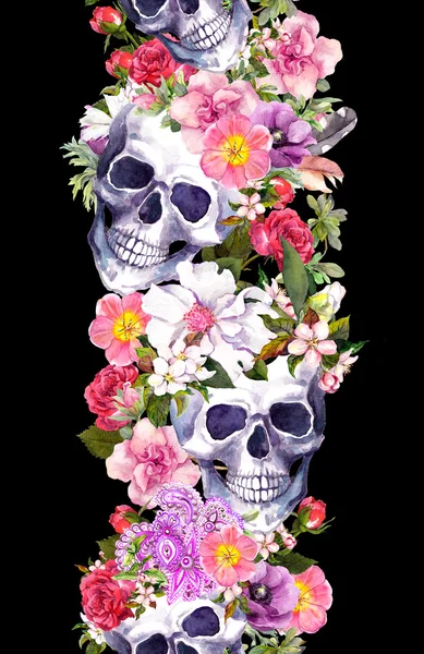 Human skulls with flowers. Seamless border. Watercolor frame