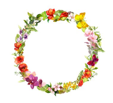 Çiçek çelenk. Yaz çayır çiçekler, kelebekler. Vintage davranışıydı suluboya