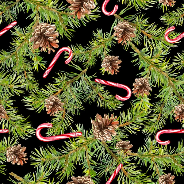 Pine christmas tree branches, candycane. Seamless pattern. Watercolor — Stock Photo, Image