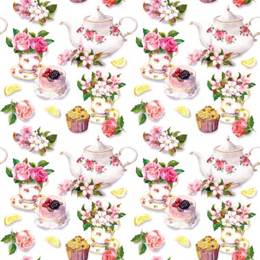 Çay saati desen: çiçekler, demlik çay fincanı, kek. Suluboya. Sorunsuz arka plan